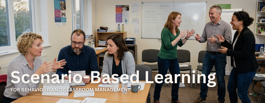 A wide-angle, realistic shot of a diverse group of six European teachers in a bright, modern training room. On the left, three teachers are seated around a wooden table; one woman gestures expressively while a man and woman listen intently, looking at a white tablet and several printed "Scenario Cards." On the right, three other teachers—two women and one man—stand in a semi-circle, smiling and gesturing mid-action as they role-play a classroom scenario. The background features a whiteboard with training notes, posters, and typical classroom furniture, creating a collaborative and professional atmosphere. The text says "Scenario-Based Learning for Behaviour and Classroom Management"